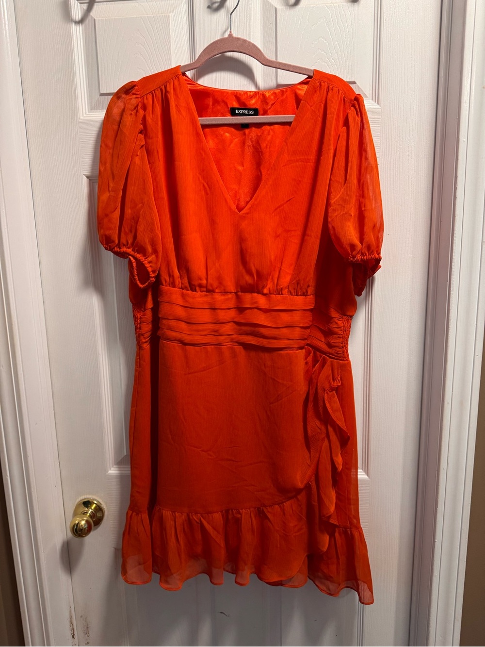 Express XL Orange Ruffle Midi Dress Puff Sleeve V-Neck Smocked Waist